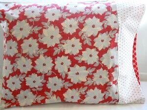 Handmade Floral Pillowcases, Red, Gray, and Ivory Winter Flowers, Standard Size